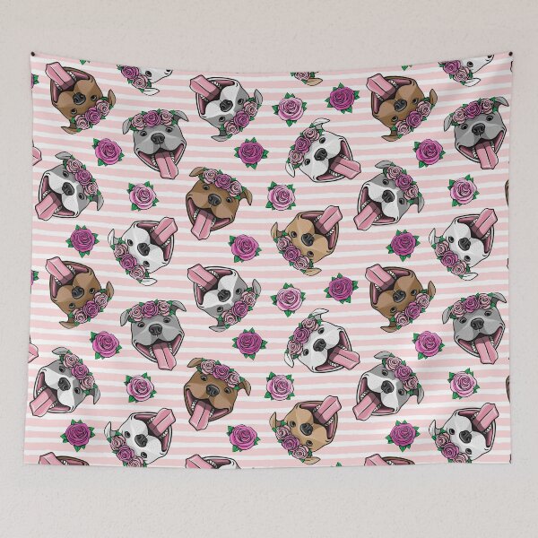 Item preview, Floral Crowned Pit Bulls - Happy Pit Bulls - pink stripes designed and sold by littlearrow.
