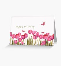 happy birthday, tulips and butteflies, Grußkarte