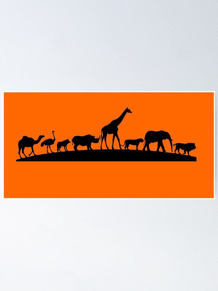 Africa Wildlife Silhouette of Giraffes Elephant Birds on Glossy Poster Print