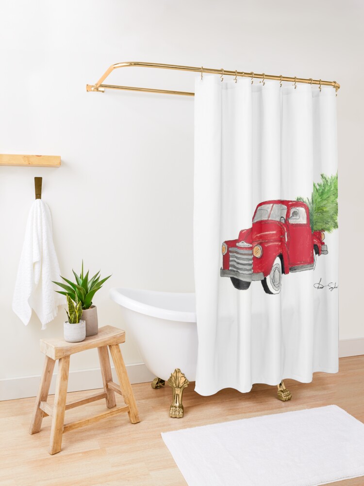 "Vintage red truck with a Christmas tree" Shower Curtain by MommyPaints Redbubble