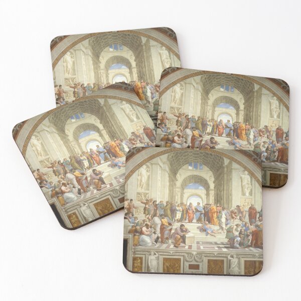 The School of Athens (1509–1511) by Raphael, depicting famous classical Greek philosophers in an idealized setting inspired by ancient Greek architecture Coasters (Set of 4)