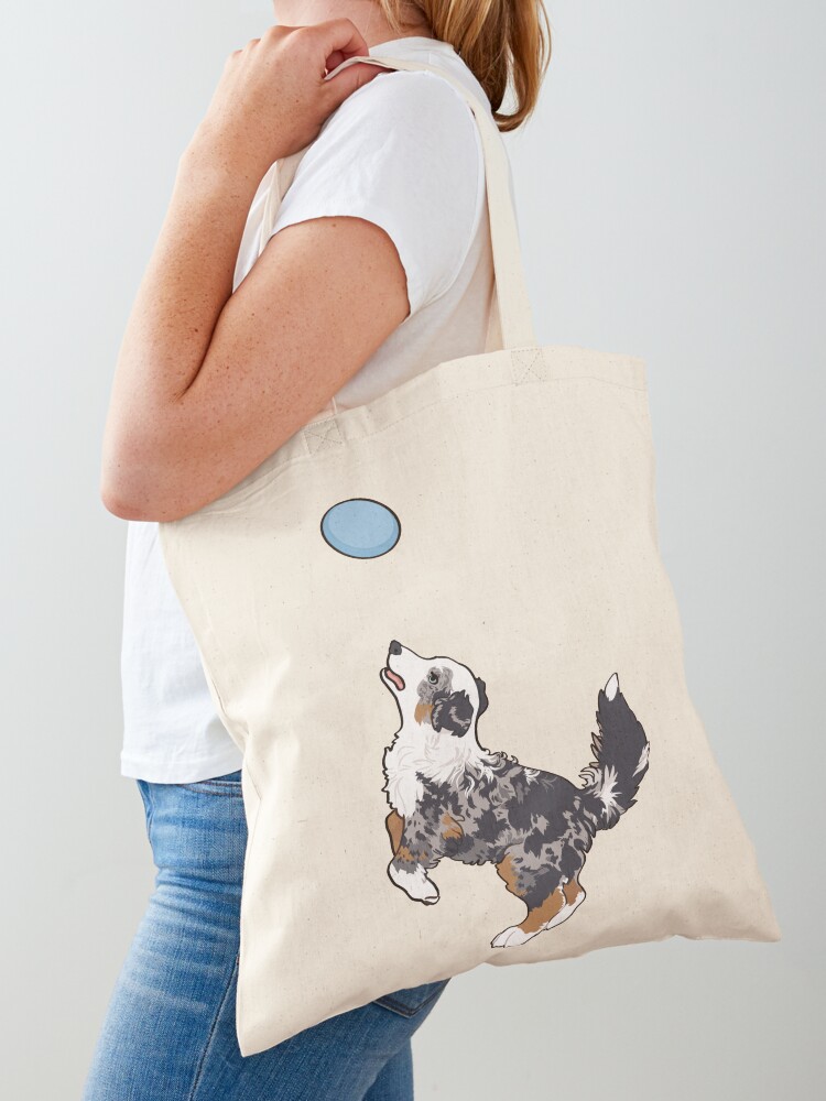 Blue Merle Aussie dog Playing frisbee blue Merle Australian Shepherd Tote Bag for Sale by Ivy Fox Illustration Redbubble