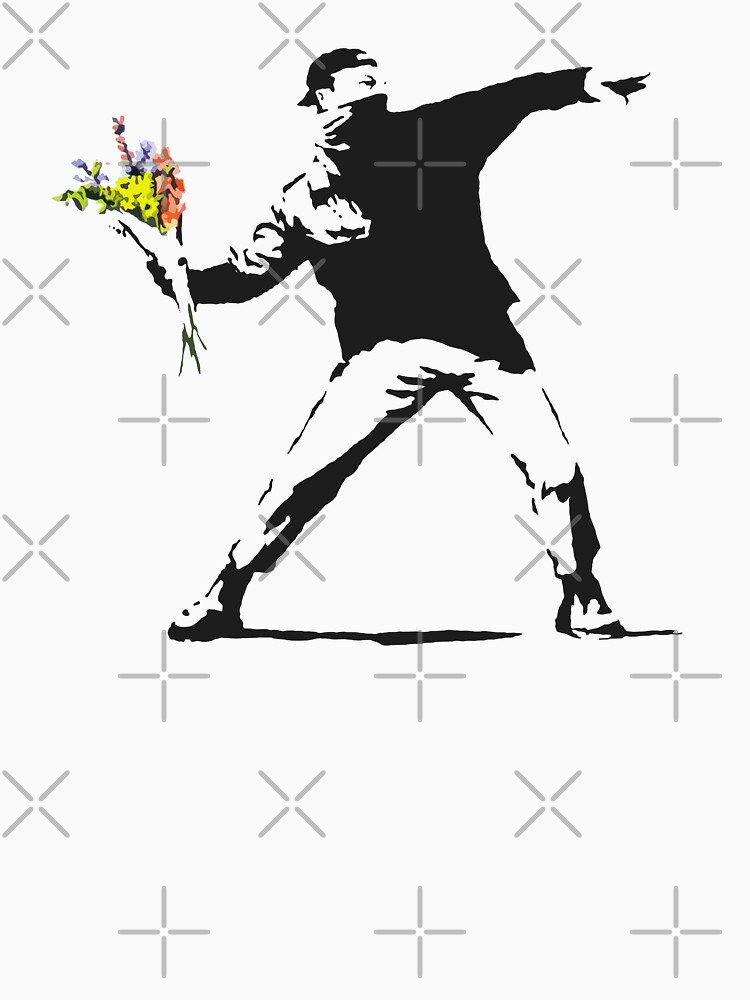 Aperçu 7 sur 7. T-shirt classique avec l'œuvre L'amour est dans l'air (lanceur de fleurs) - Banksy Graffiti créée et vendue par portokalis.