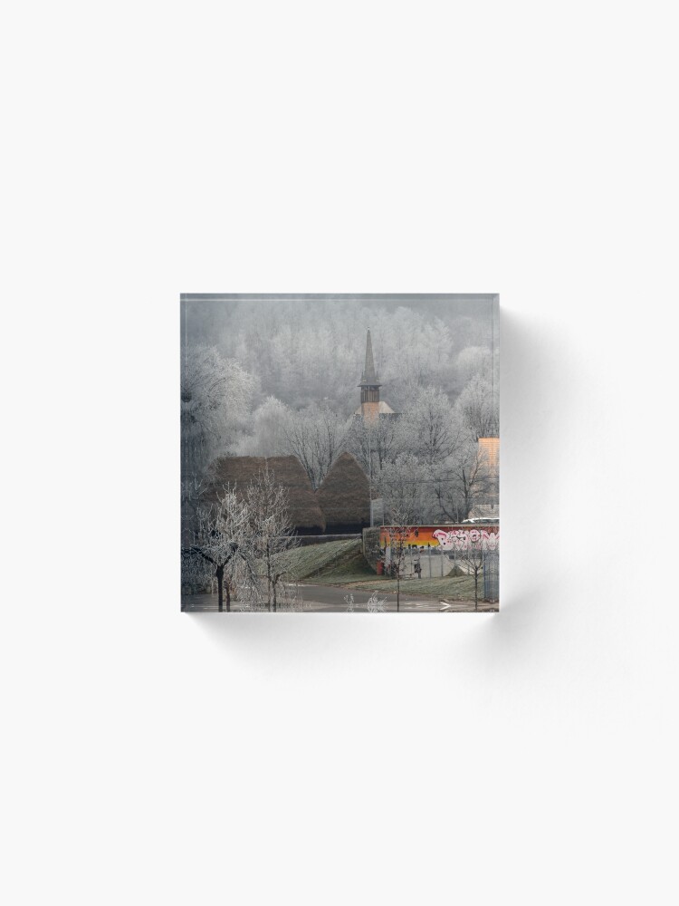 Alternate view of Winter scene - wooden church Acrylic Block