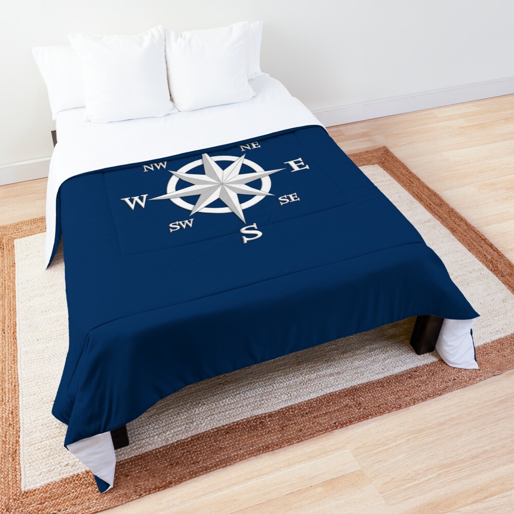 Eight Point Compass Rose, White and Navy Blue Comforter