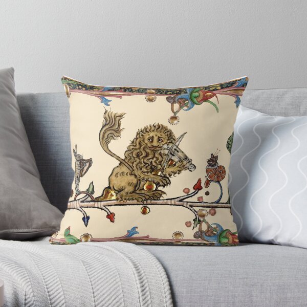 WEIRD MEDIEVAL BESTIARY MAKING MUSIC Violinist Lion,Hare And Snail Cat Throw Pillow