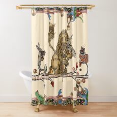 WEIRD MEDIEVAL BESTIARY MAKING MUSIC Violinist Lion,Hare And Snail Cat Shower Curtain