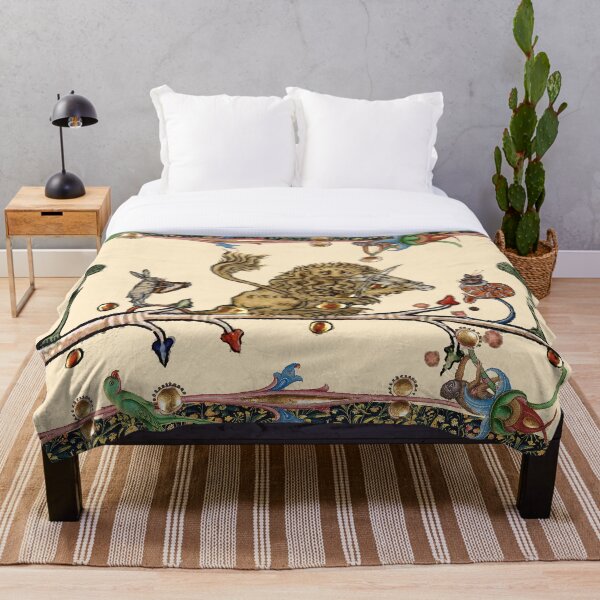 WEIRD MEDIEVAL BESTIARY MAKING MUSIC Violinist Lion,Hare And Snail Cat Throw Blanket