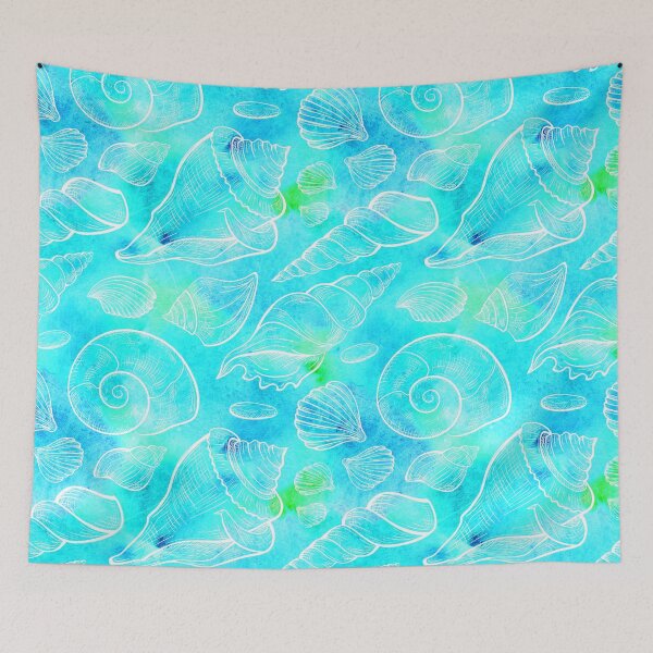 Item preview, Aqua Blue and Teal white Seashells Shells Pattern designed and sold by funnytshirtemp.