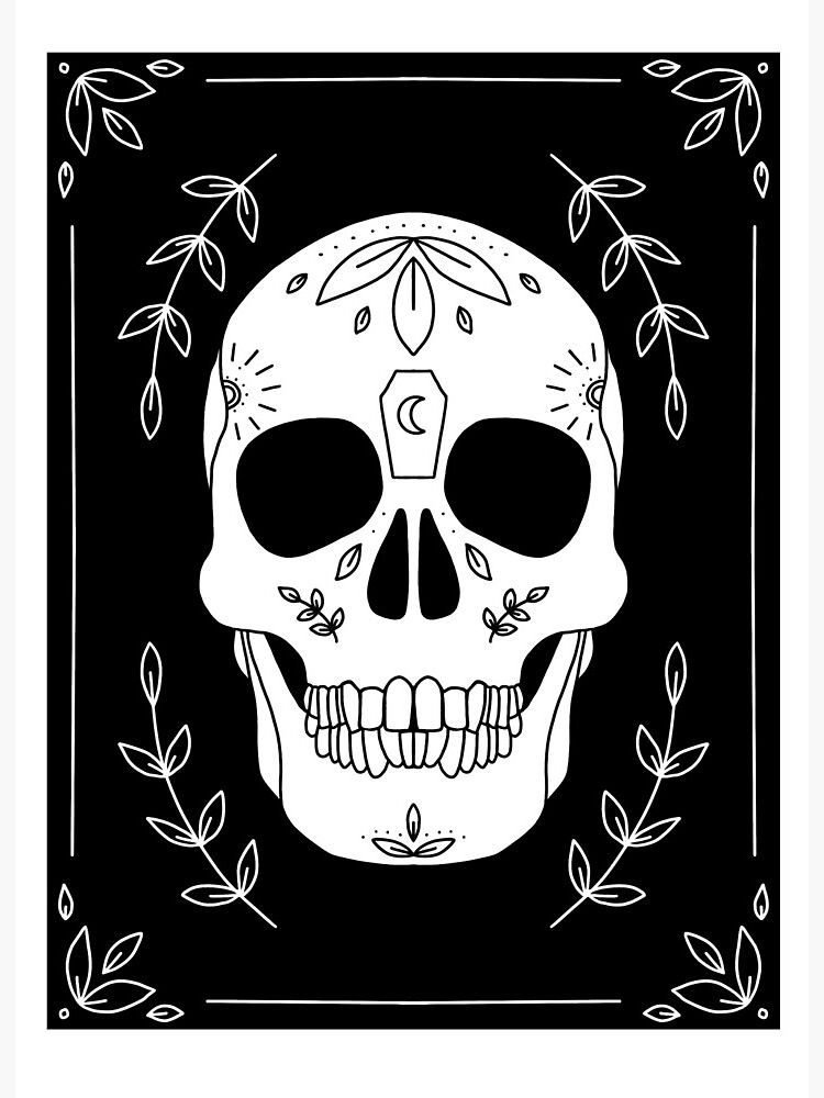 Spooky witchy black and white floral skull