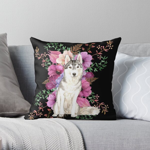 Siberian Husky Floral Watercolor Art Throw Pillow