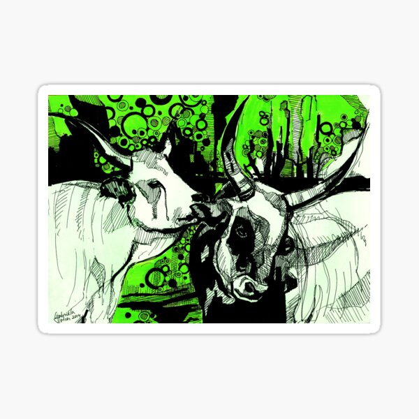 AFRICAN COWS - ANIMAL drawing black, white, green Sticker