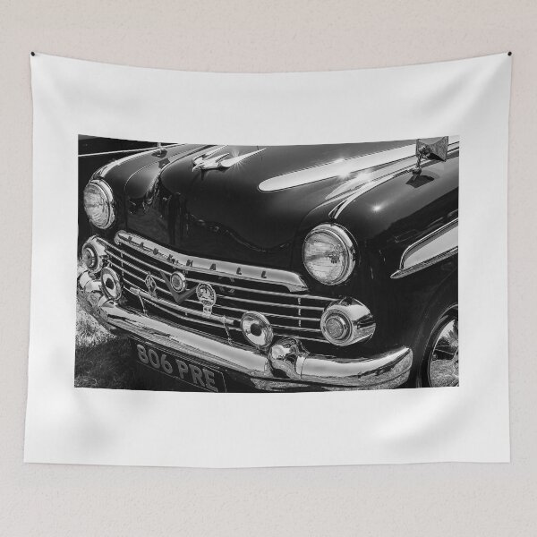 Item preview, A black and white image of the front of a 1950s Vauxhall Velox on display at a car show designed and sold by Graham Cornall.