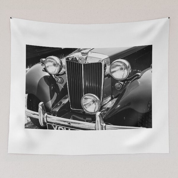 Item preview, A black and white image of the front of a MG TA on display at a car show designed and sold by Graham Cornall.