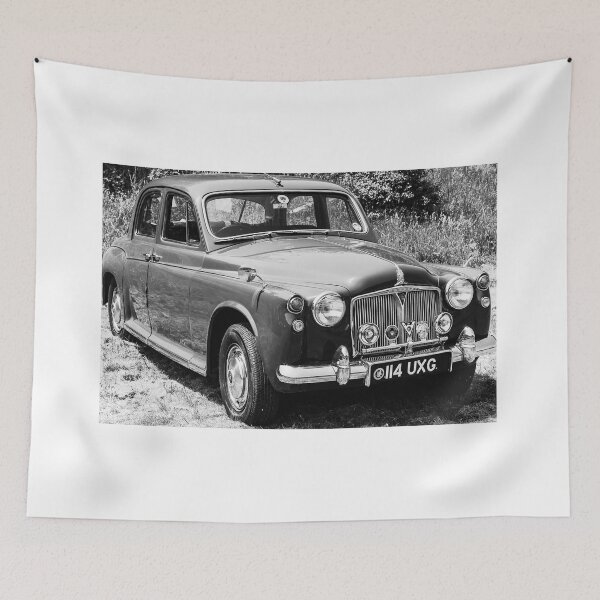 Item preview, A black and white image of a 1960's Rover 80 on display at a car show designed and sold by Graham Cornall.