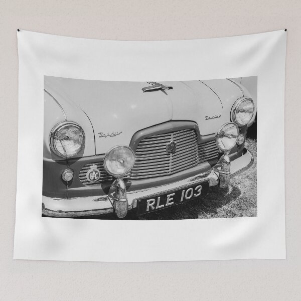 Item preview, A black and white image of the front of a 1950's Ford Zephyr Zodiac on display at a car show designed and sold by Graham Cornall.