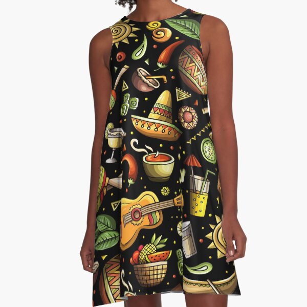 Cartoon hand-drawn latin american, mexican seamless pattern A-Line Dress