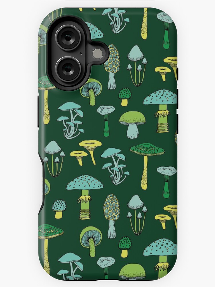 Thumbnail 1 of 4, iPhone Case, Midnight Mushrooms - Green - fun fungus pattern by Cecca Designs designed and sold by Cecca-Designs.