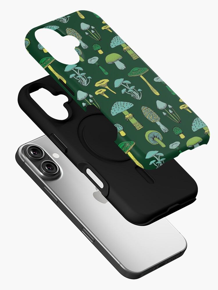Thumbnail 2 of 4, iPhone Case, Midnight Mushrooms - Green - fun fungus pattern by Cecca Designs designed and sold by Cecca-Designs.