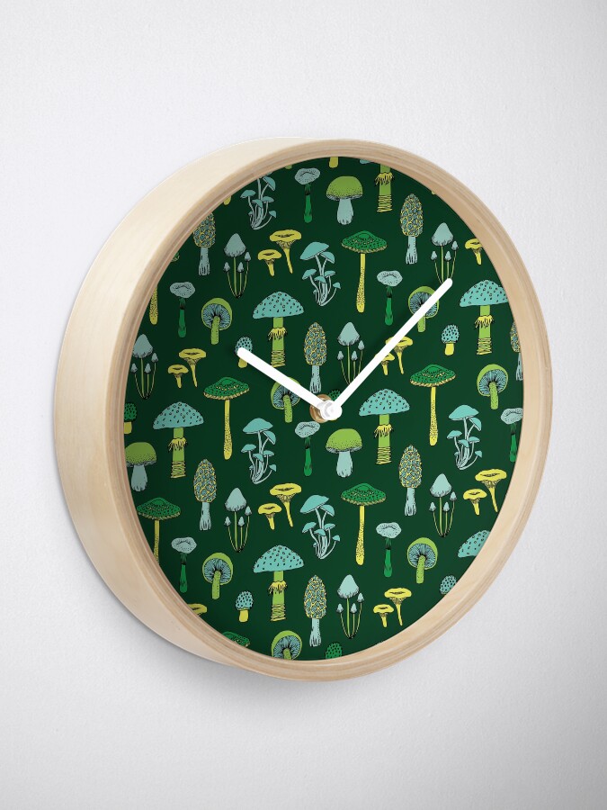 Thumbnail 1 of 4, Clock, Midnight Mushrooms - Green - fun fungus pattern by Cecca Designs designed and sold by Cecca-Designs.