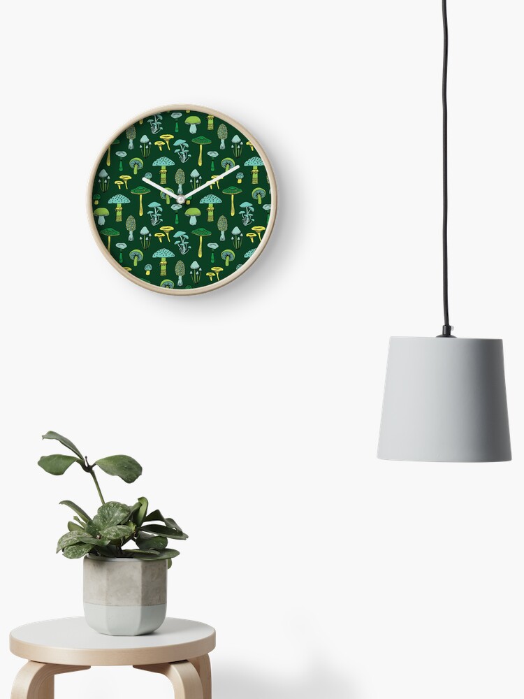 Thumbnail 2 of 4, Clock, Midnight Mushrooms - Green - fun fungus pattern by Cecca Designs designed and sold by Cecca-Designs.