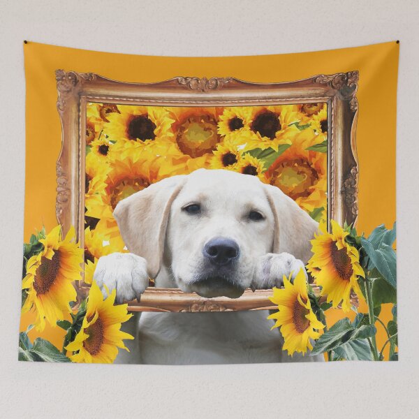 Item preview, Golden retriever in baroque picture frame with sunflowers designed and sold by Move-Art.