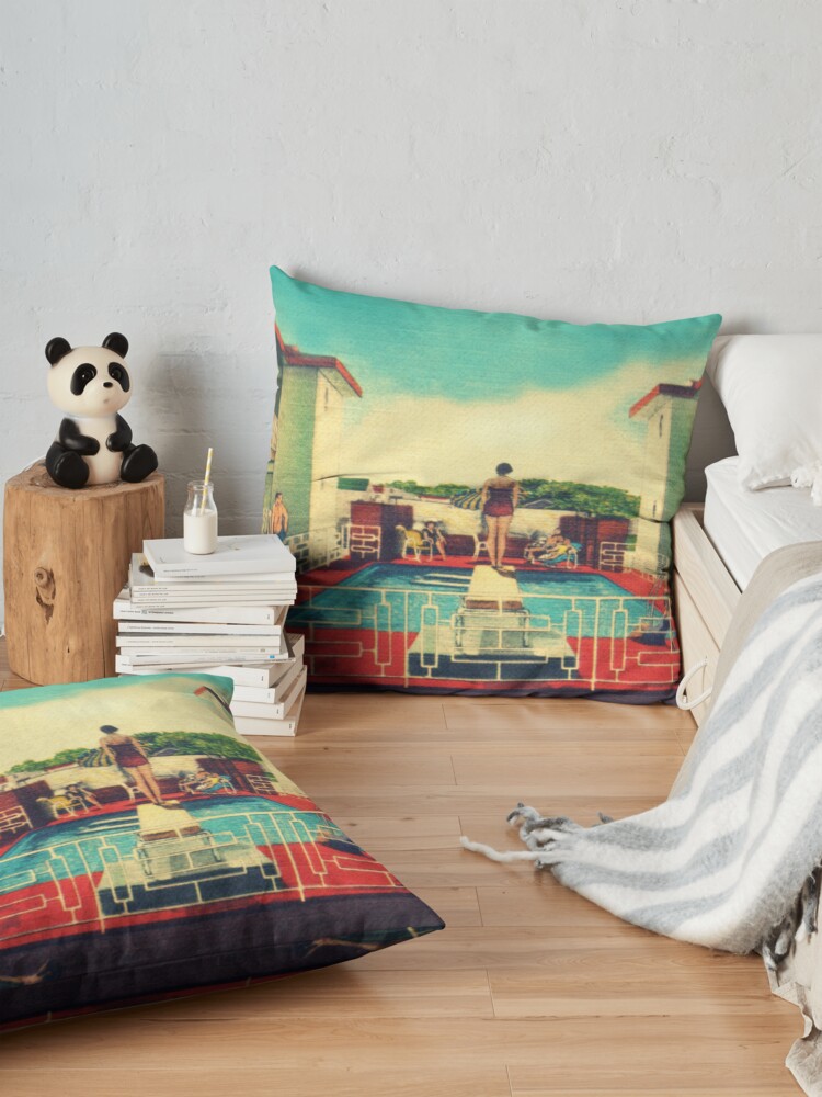 Alternate view of Mid century modern canvas 1950s motel pool photograph Floor Pillow