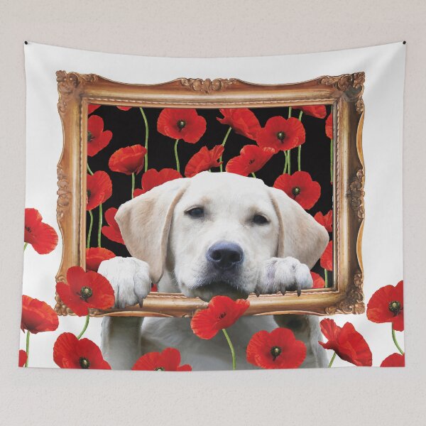 Item preview, Golden retriever in baroque picture frame with poppies designed and sold by Move-Art.
