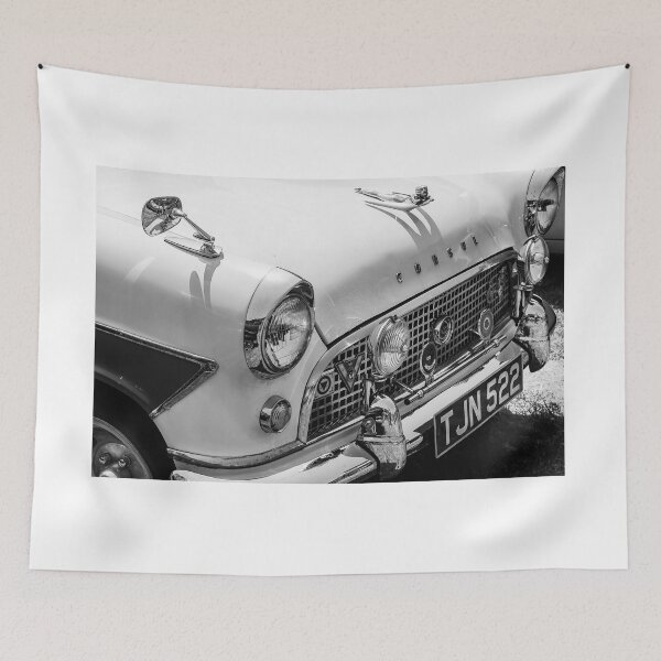 Item preview, A black and white image of the front of a 1959 Ford Consul MK2 on display at a car show designed and sold by Graham Cornall.