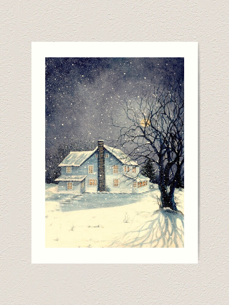 Winter's Silent Night - Snowy Farmhouse Night | Art Print