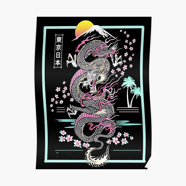Synthwave Retrowave Dragón Japonés Póster