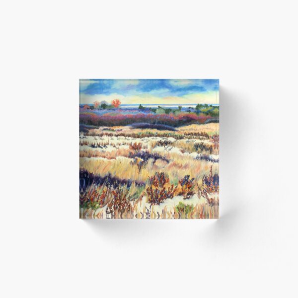 Winter Dunes, Long Beach Island, New Jersey, Jersey Shore, from impressionist oil painting by Pamela Parsons Acrylic Block