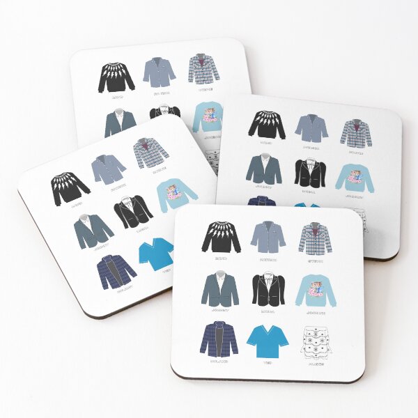 Schitt's Creek Iconic Costumes for David Rose, Patrick Brewer, Stevie Budd, Johnny Rose, Moira Rose, Jocelyn Schitt, Roland Schitt, Ted Mullins and Alexis Rose Coasters (Set of 4)
