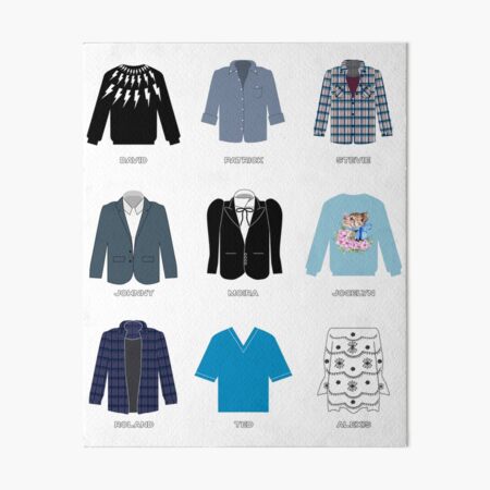 Schitt's Creek Iconic Costumes for David Rose, Patrick Brewer, Stevie Budd, Johnny Rose, Moira Rose, Jocelyn Schitt, Roland Schitt, Ted Mullins and Alexis Rose Art Board Print
