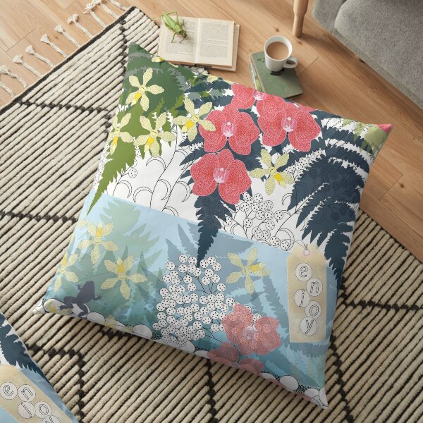 small tropical garden with orchids Floor Pillow