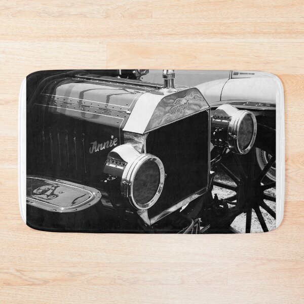 Item preview, Black and white image of the front of a red Ford Model T on display at a car show designed and sold by Graham Cornall.