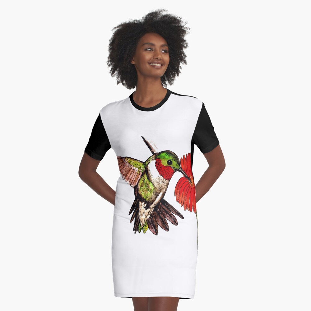 Humming Bird and Flower - Scarf and Clothing Graphic T-Shirt Dress