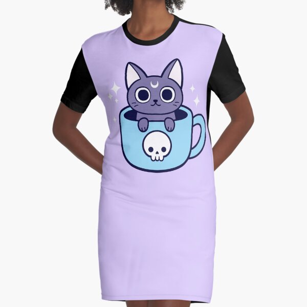 Black Magic Tea / Coffee Cat Graphic T-Shirt Dress
