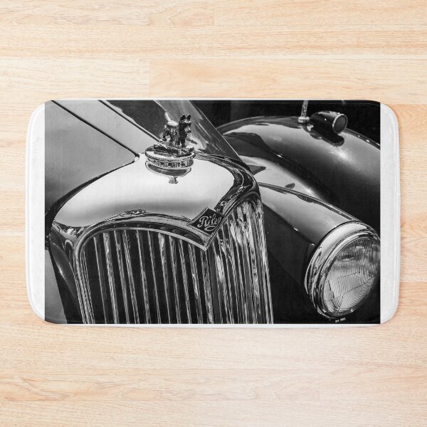 Item preview, A black and white image of the front of a vintage Riley on display at a car show designed and sold by Graham Cornall.