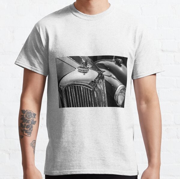 A black and white image of the front of a vintage Riley on display at a car show Classic T-Shirt