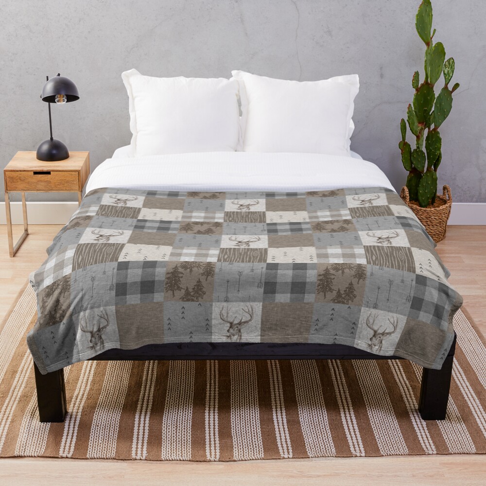 Deer Patchwork - Rustic Neutrals Throw Blanket