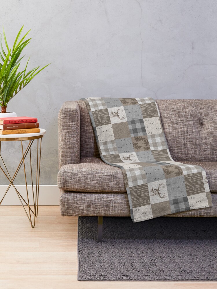 Alternate view of Deer Patchwork - Rustic Neutrals Throw Blanket