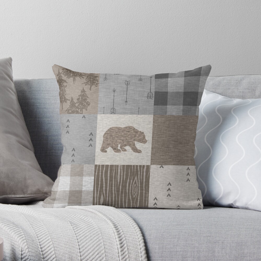 Bear Patchwork - Rustic Neutrals Throw Pillow