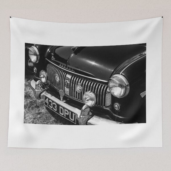 Item preview, A black and white image of the front of a black 1955 Ford Consul on display at a car show designed and sold by Graham Cornall.