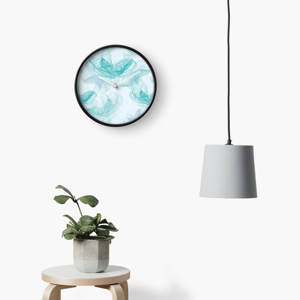 Feathery rose lotus pattern turquoise, teal and aqua Clock