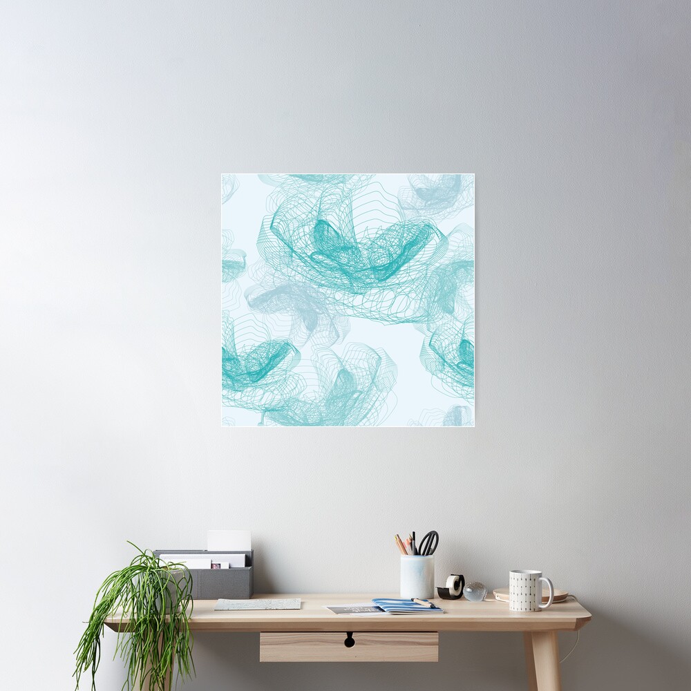 Feathery rose lotus pattern turquoise, teal and aqua Poster