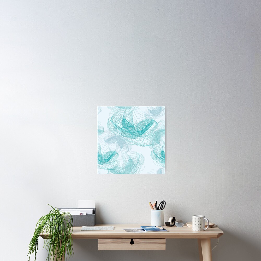 Feathery rose lotus pattern turquoise, teal and aqua Poster
