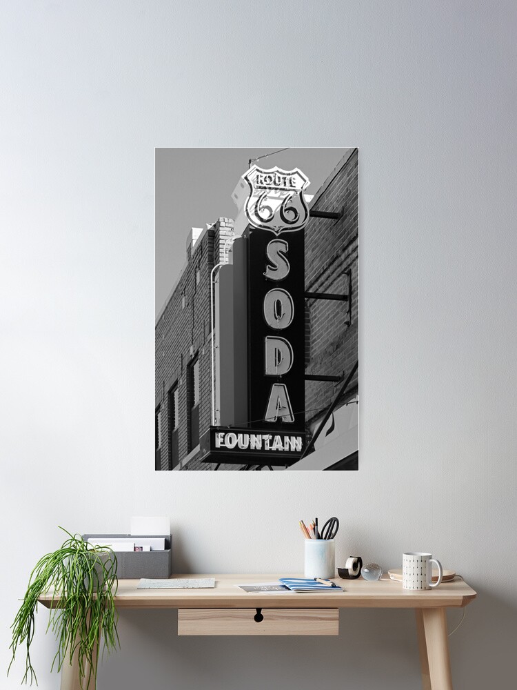 Thumbnail 2 of 3, Poster, Old Route 66 Neon Soda Fountain Sign in Black and White designed and sold by roadsidestills.