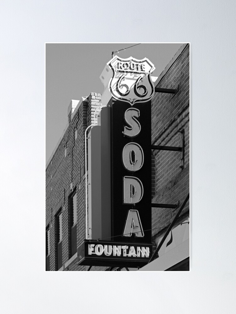 Thumbnail 1 of 3, Poster, Old Route 66 Neon Soda Fountain Sign in Black and White designed and sold by roadsidestills.