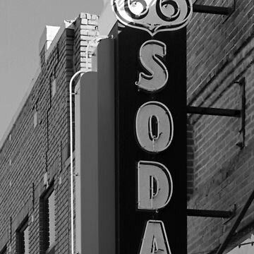 Artwork thumbnail, Old Route 66 Neon Soda Fountain Sign in Black and White by roadsidestills